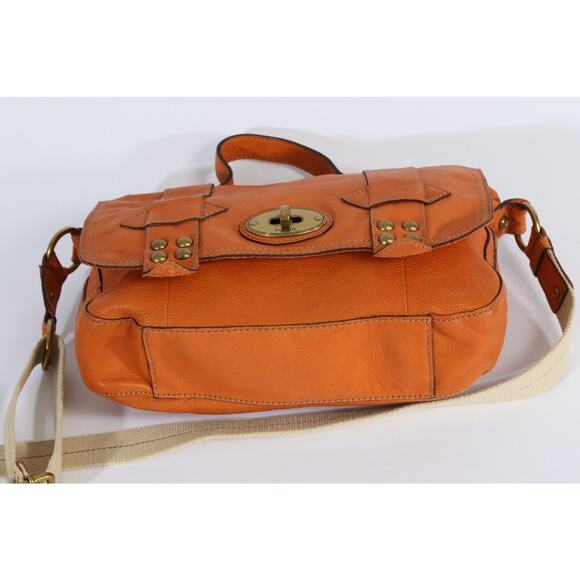 FOSSIL Orange Pebbled Leather Push Lock Flap Shoulder Bag - Picture 8 of 10